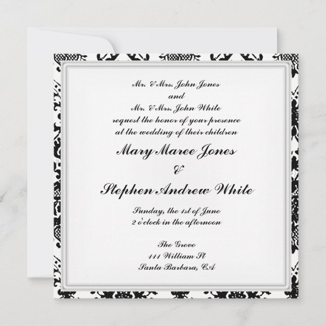Invitación a la boda de Damask en blanco y negro (Anverso)