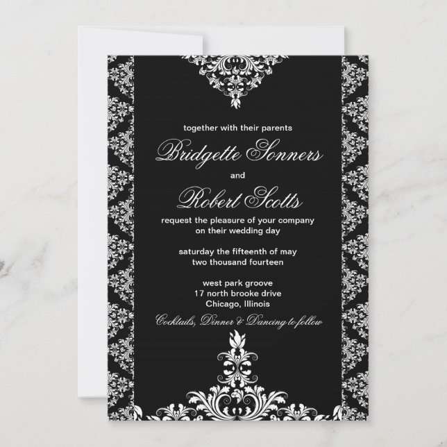 Invitación a la boda de Damask en negro (Anverso)