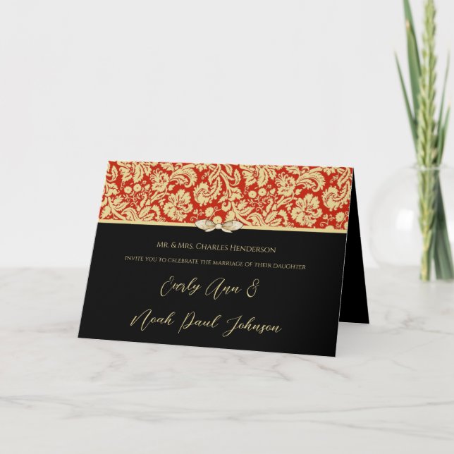 Invitación a la boda de Damask en rojo y negro (Anverso)