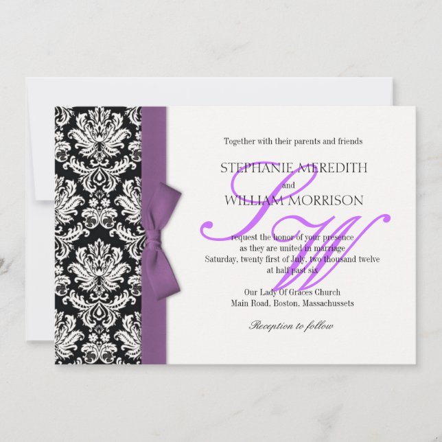 Invitación a la boda de Damask Monograma Morado Bo (Anverso)