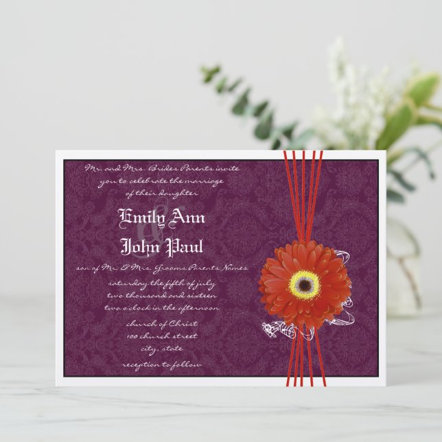 Invitación a la boda de Damask Naranja Purple Gerb (Anverso de pie)