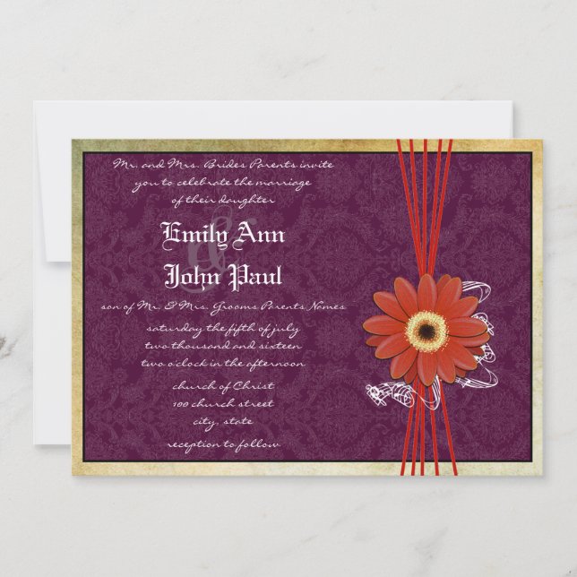 Invitación a la boda de Damask Naranja Purple Gerb (Anverso)