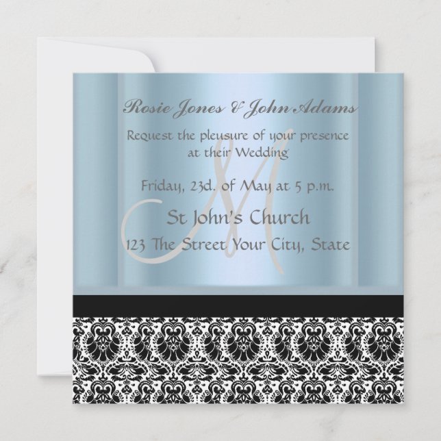 Invitación a la boda de Damask negro y azul cielo (Anverso)