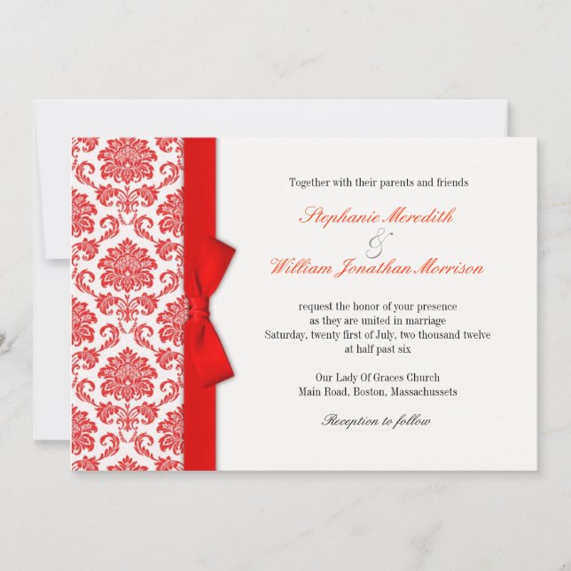 Invitación a la boda de Damask Red Bow (Anverso)