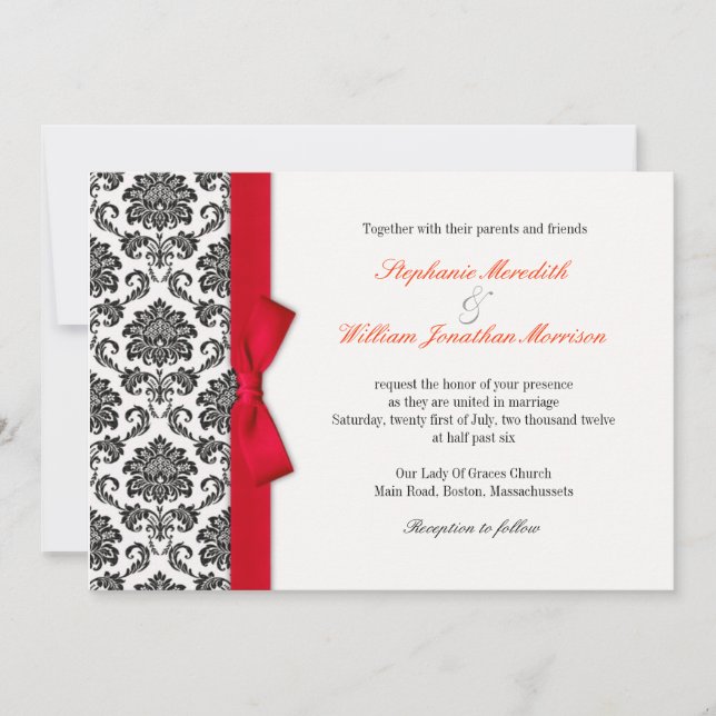 Invitación a la boda de Damask Red Bow (Anverso)
