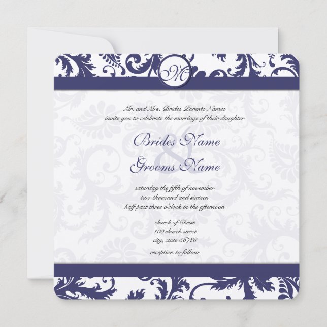 Invitación a la boda de Damask Swirls de la Marina (Anverso)