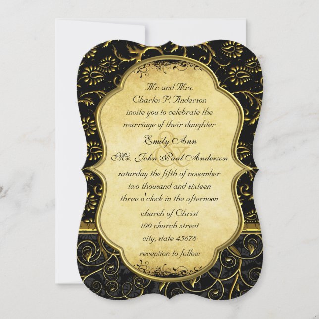 Invitación a la boda de damasquetes dorados de fot (Anverso)