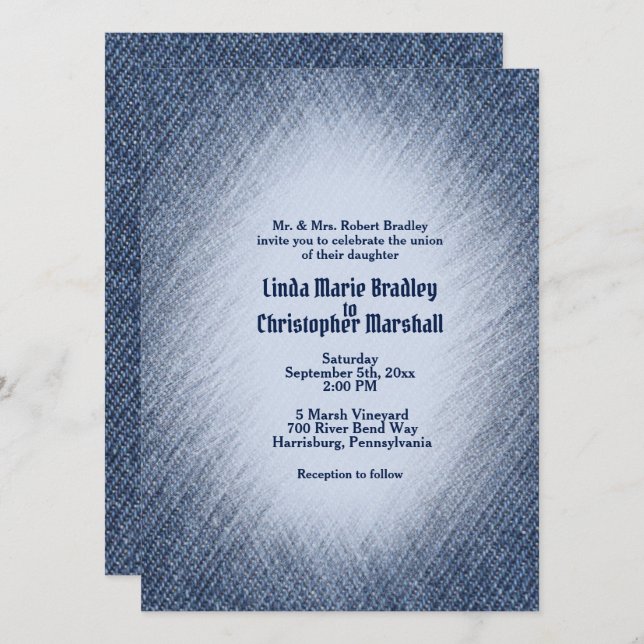 Invitación a la boda de denim azul de medianoche (Anverso / Reverso)