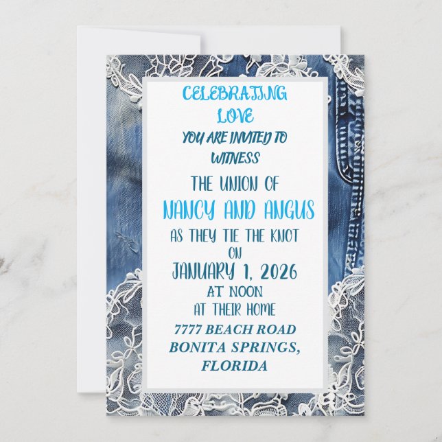 invitación a la boda de denim y old lace (Anverso)