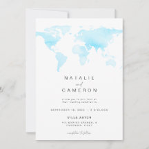 Invitación a la boda de destino con el mapa mundia