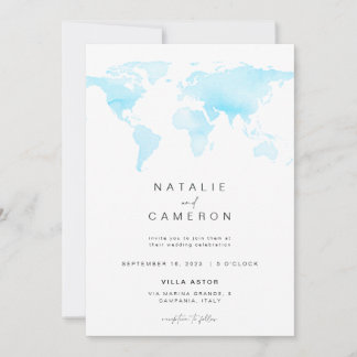 Invitación a la boda de destino con el mapa mundia