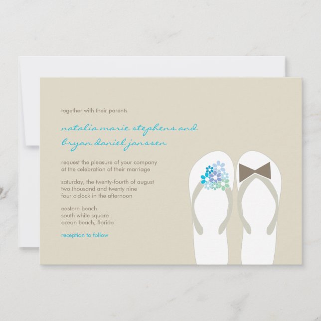 Invitación a la boda de destino de los Flip Flops  (Anverso)