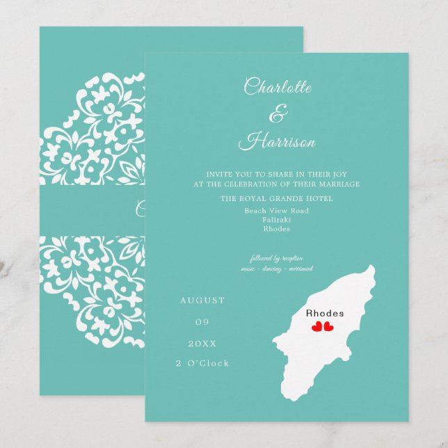 Invitación a la boda de destino Rhodes (Anverso / Reverso)