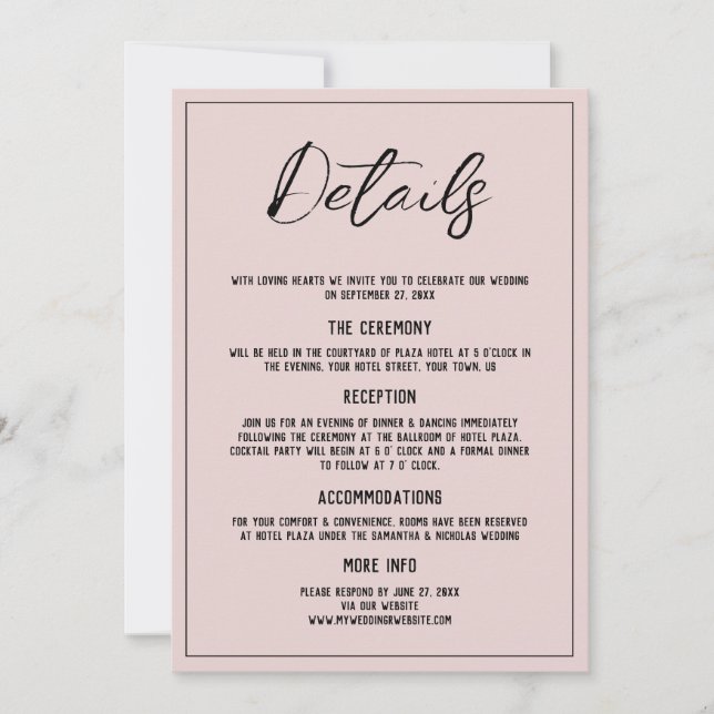 Invitación a la boda de detalles rosados y polvori (Anverso)