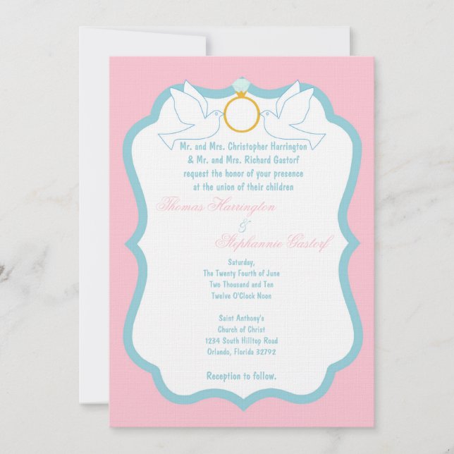 Invitación a la boda de diamantes con paloma rosa  (Anverso)