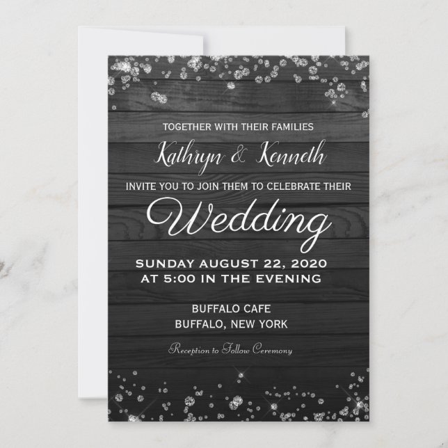 Invitación a la boda de diamantes de madera negra (Anverso)