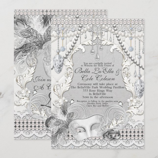 Invitación a la boda de diamantes de perlas de mas (Anverso / Reverso)