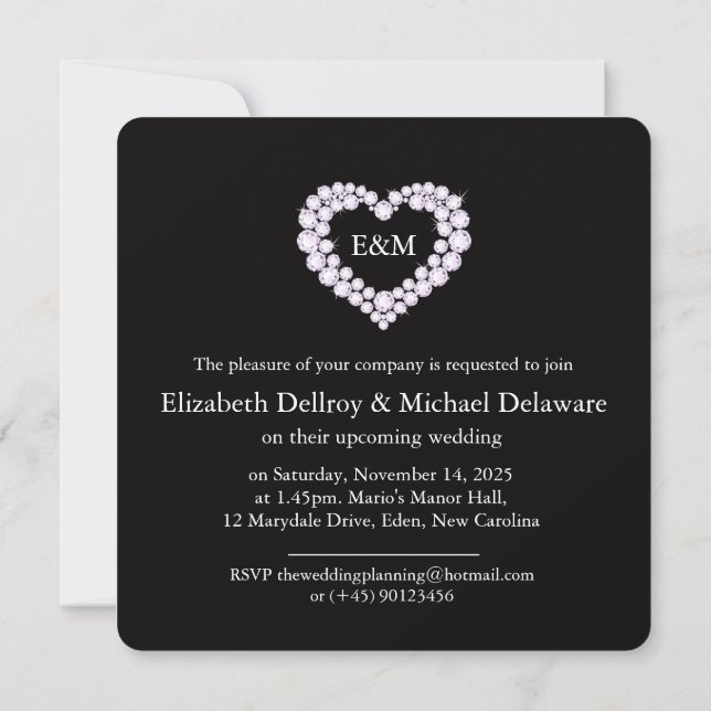 Invitación a la boda de Diamond Heart Black (Reverso)