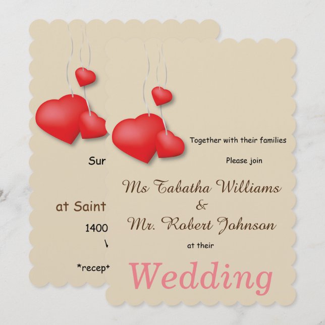 Invitación a la boda de diseño de corazones rojos (Anverso / Reverso)