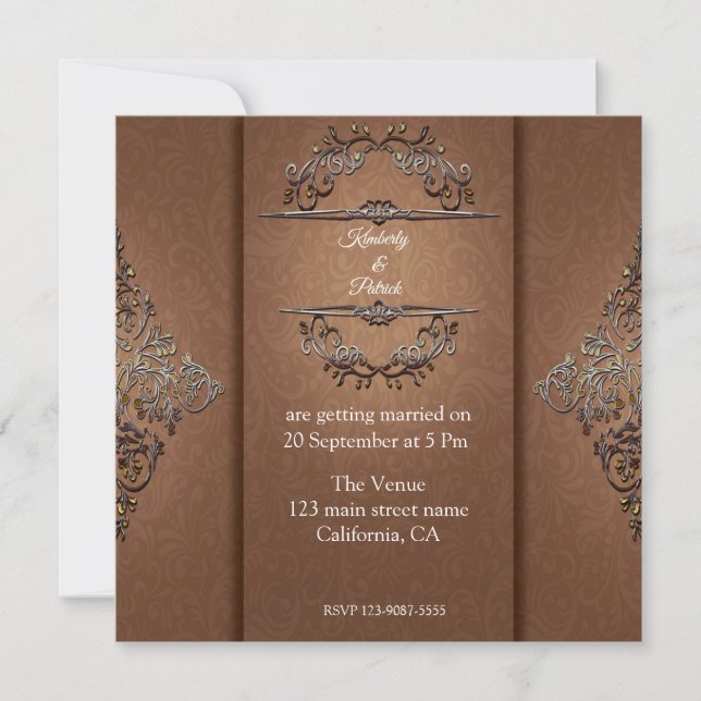Invitación a la boda de diseño de Damasco marrón (Anverso)