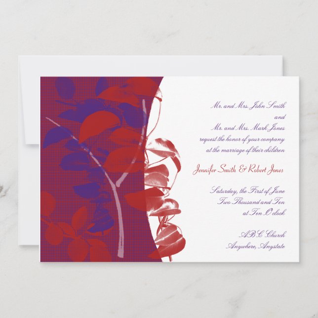 Invitación a la boda de diseño de hojas rojas y pú (Anverso)