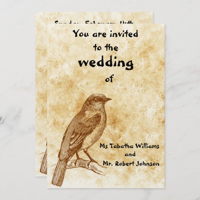 Invitación a la boda de diseño de pájaros de época (Anverso / Reverso)