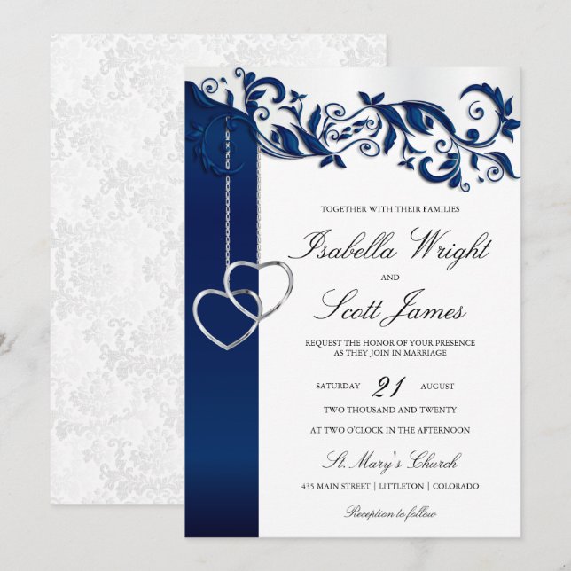 Invitación a la boda de diseño floral azul de la M (Anverso / Reverso)