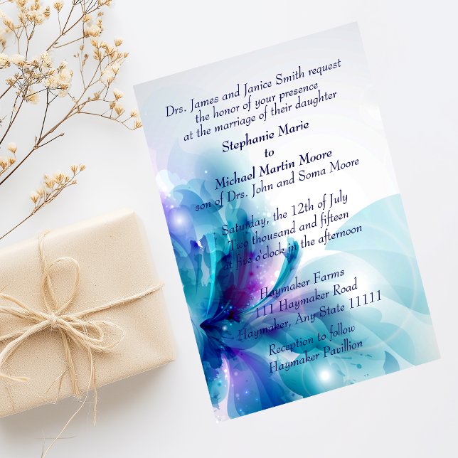 Invitación a la boda de diseño floral azul y púrpu (Subido por el creador)