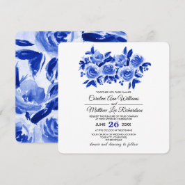Invitación a la boda de diseño floral de color azu