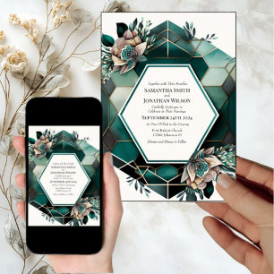 Invitación a la boda de diseño geométrico verde mo