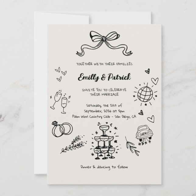 Invitación a la boda de Doodle Retro caprichosa (Anverso)