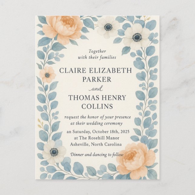 Invitación a la boda de dos caras con flores vinta (Anverso)