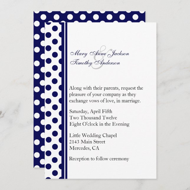 Invitación a la boda de dot con polka azul y blanc (Anverso / Reverso)