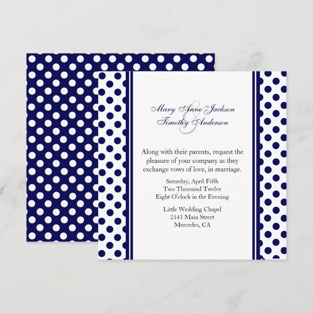 Invitación a la boda de dot con polka azul y blanc (Anverso / Reverso)