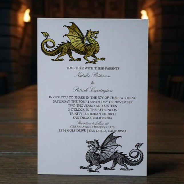 Invitación a la Boda de Dragón Medieval de Plata d (Gold Silver Medieval Dragon Wedding Invite)