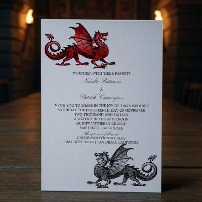 Invitación a la boda de dragones medievales de pla (Red Silver Medieval Dragon Wedding Invite)