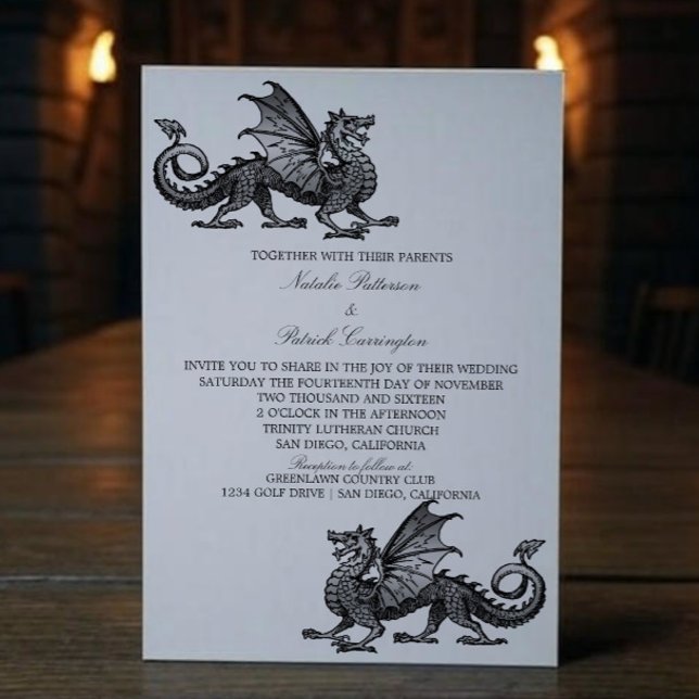 Invitación a la boda de dragones medievales de pla (Silver Medieval Dragon Wedding Invite)