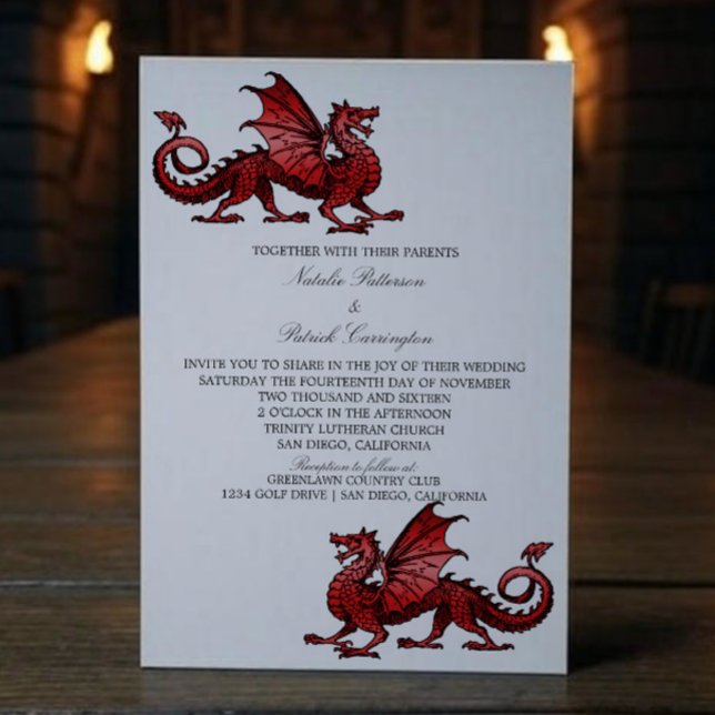 Invitación a la boda de dragones medievales rojos (Red Medieval Dragon Wedding Invite)