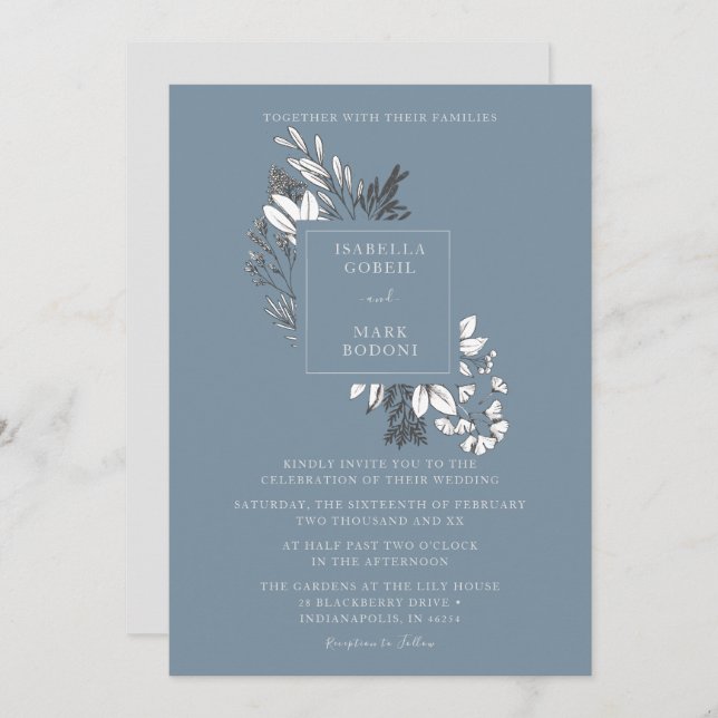 Invitación a la boda de Dusty Blue Floral (Anverso / Reverso)