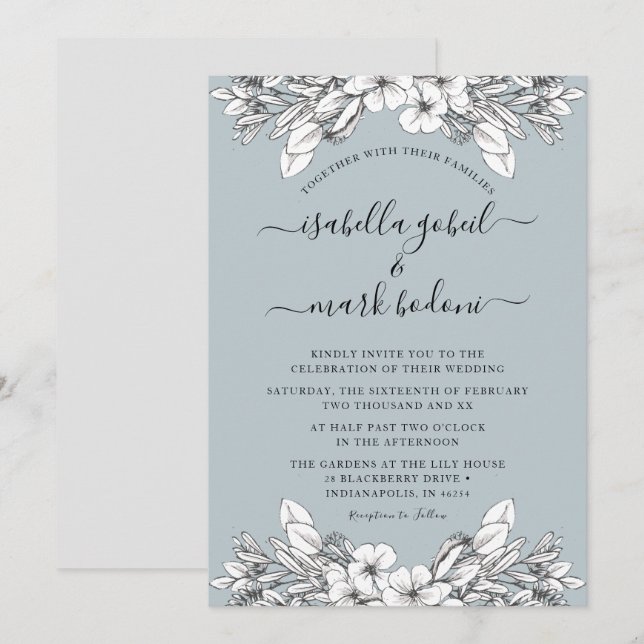 Invitación a la boda de Dusty Blue Floral (Anverso / Reverso)