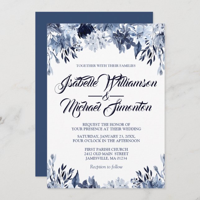 Invitación a la boda de Dusty Blue Floral (Anverso / Reverso)
