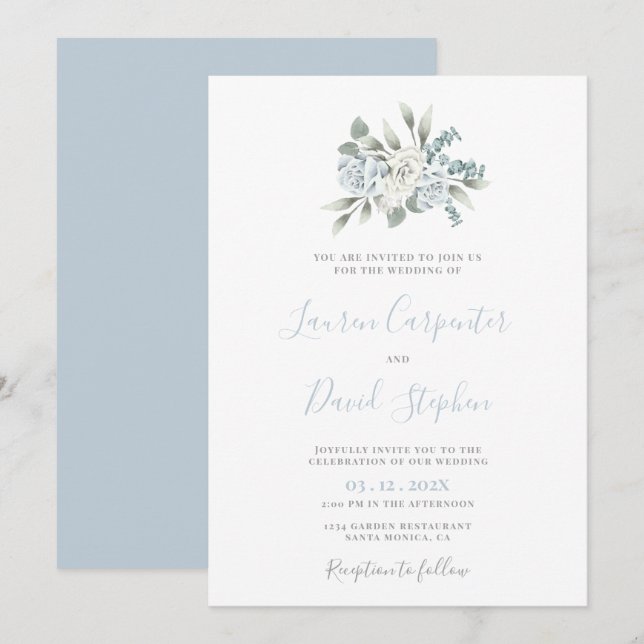 Invitación a la boda de Dusty Blue Floral (Anverso / Reverso)