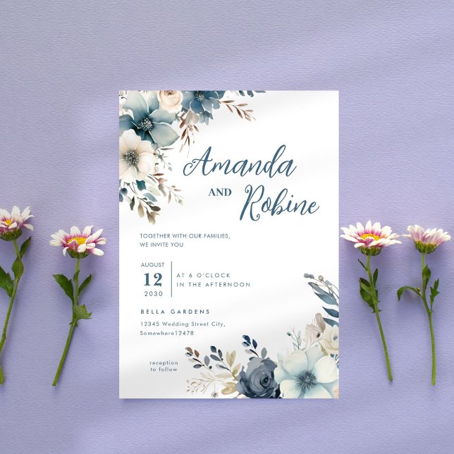Invitación a la boda de Dusty Blue Floral (Subido por el creador)