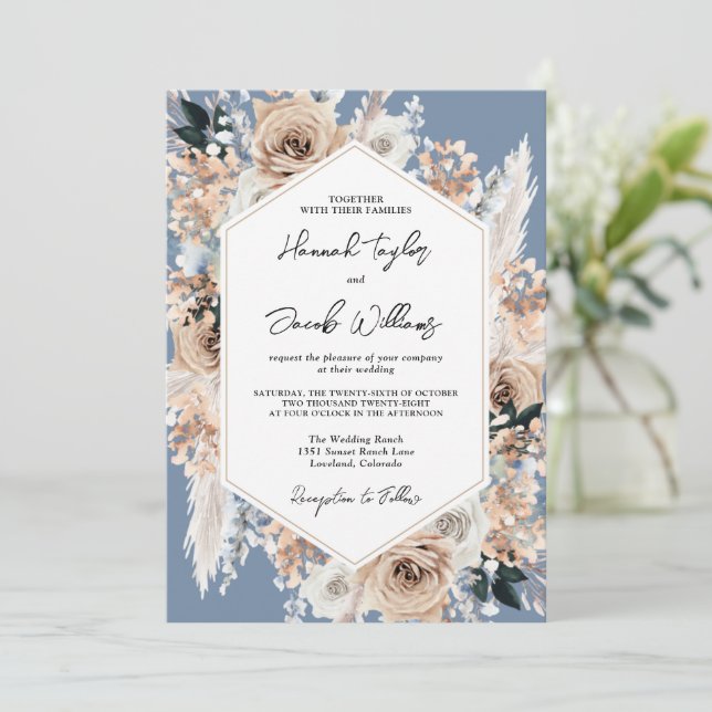 Invitación a la boda de Dusty Blue Floral Boho (Anverso de pie)