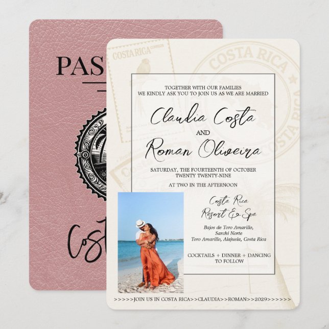 Invitación a la boda de Dusty Rosa Costa Rica (Anverso / Reverso)