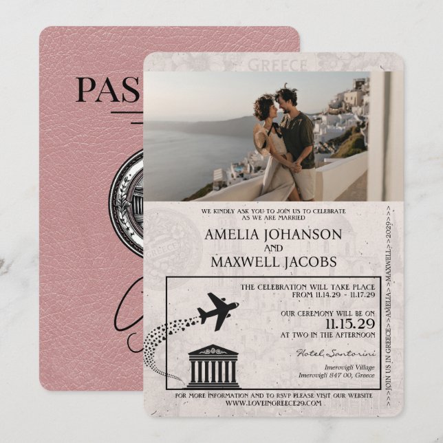 Invitación a la boda de Dusty Rosa Grecia Passport (Anverso / Reverso)