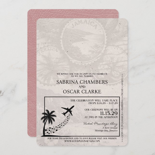 Invitación a la boda de Dusty Rosa Jamaica Passpor (Anverso / Reverso)