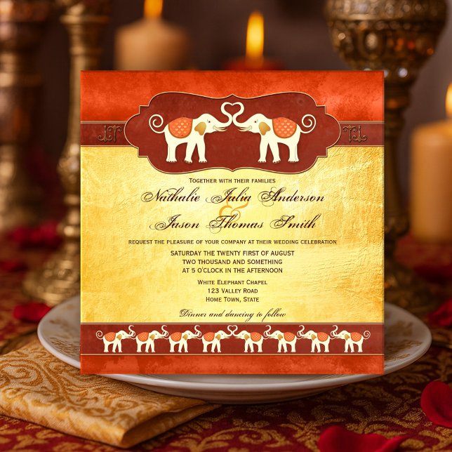 Invitación a la boda de elefantes blancos indios a (Indian art inspired wedding invitation featuring two ivory elephants and their families)