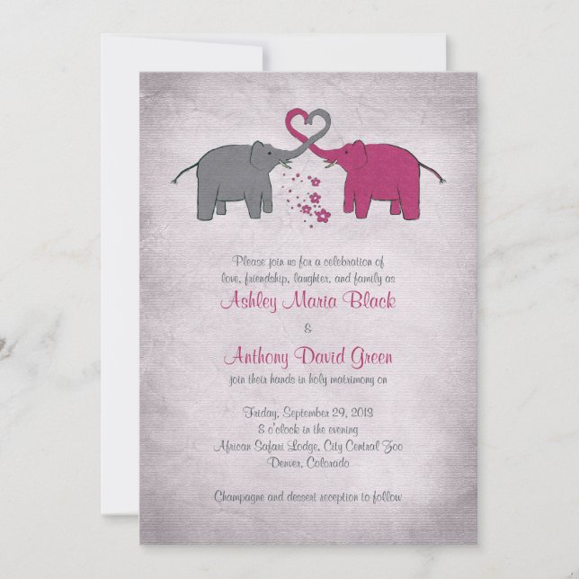 Invitación a la boda de elefantes rosas y grises (Anverso)