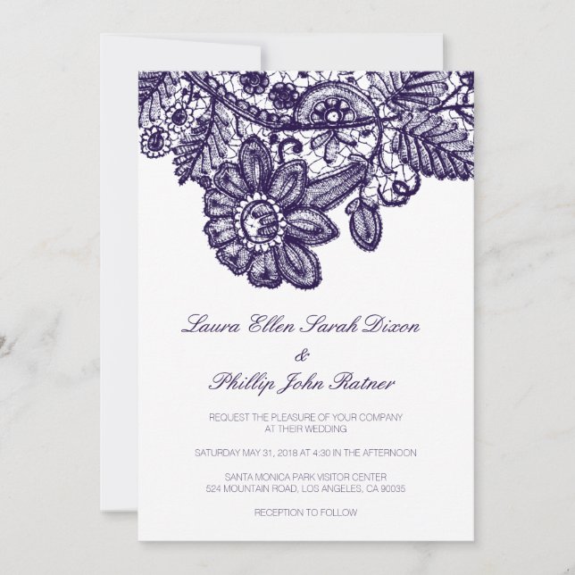 Invitación a la boda de encaje azul (Anverso)
